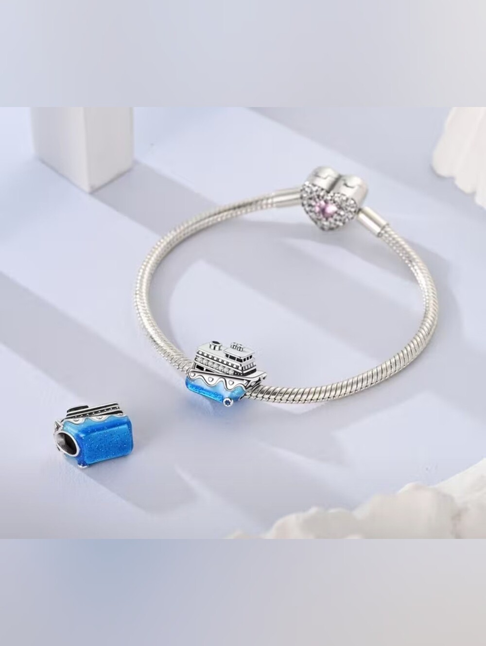 Cruise Ship Charm with Blue Enamel and Cubic Zirconia - Picture 2 of 3